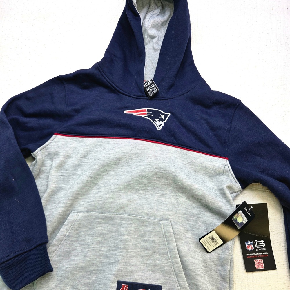 NFL Team Apparel New England Patriots Youth Hoodie Navy Gray QQYI165F Size 10-12